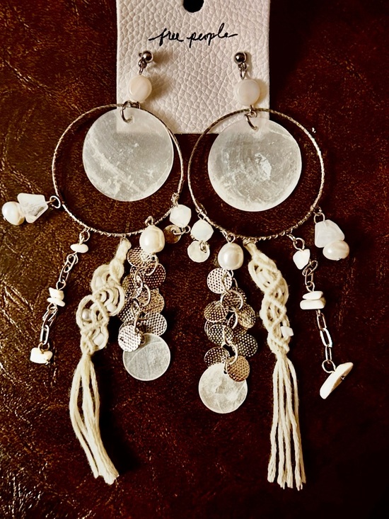 Free People Jewelry - Free People Cream and Silver Boho Tassel Hoop Earrings NWOT